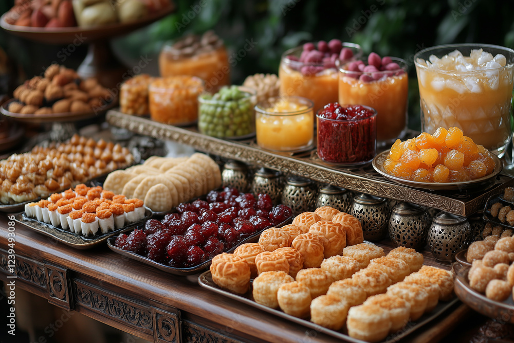 A delicious Eid dessert table with a variety of traditional sweets, such as ma'amoul and ghoriba, and refreshing drinks, such as jallab and sharbat. A delicious Eid dessert table with a variety of traditional sweets, such as ma'amoul and ghoriba, and refreshing drinks, such as jallab and sharbat.