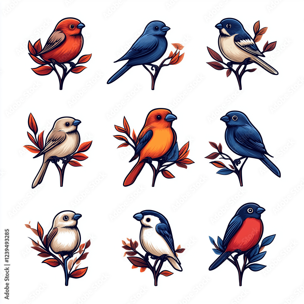 Obraz premium Bunt illustrierte Vögel auf Ästen in einem kreativen Sticker-Design
