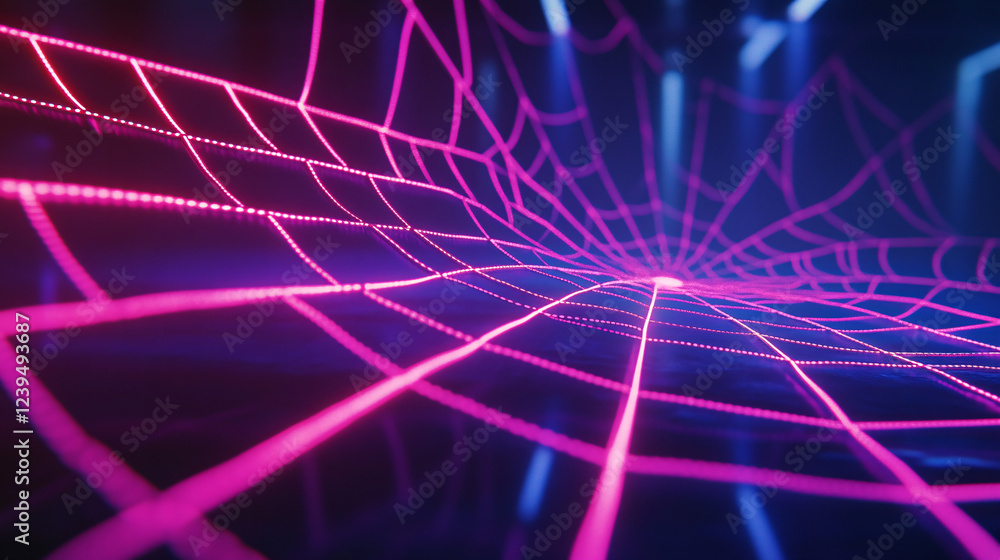 Neon spiderweb design illuminated on a shadowy background. 