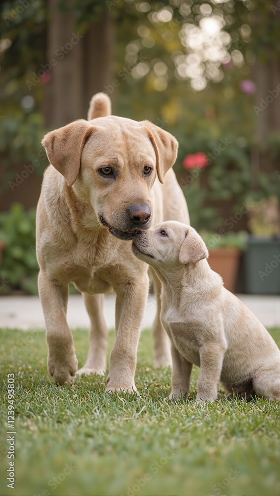 Fototapeta premium Adorable dog playing with puppy in sunny backyard