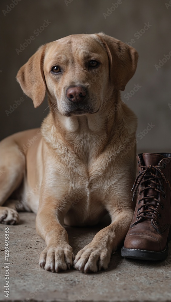 Fototapeta premium Loyal dog resting beside rugged boots