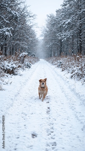 Peaceful dog walking in snowscape nature