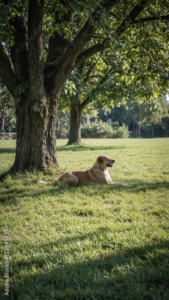 Tranquil dog lying under shady tree Tranquil dog lying under shady tree