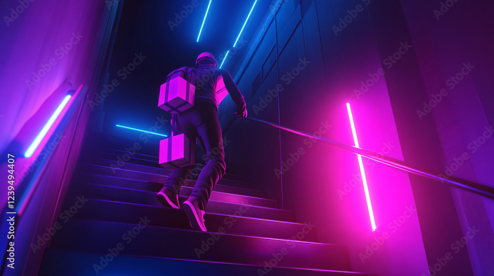 Neon-themed 3D cartoon courier character climbing stairs with illuminated packages in a dark building. Neon-themed 3D cartoon courier character climbing stairs with illuminated packages in a dark building.