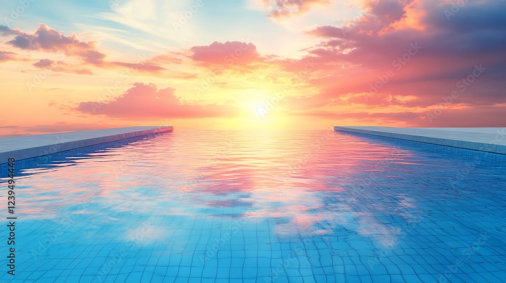 Fototapeta premium Rooftop infinity pool sunset reflection, tranquil vacation