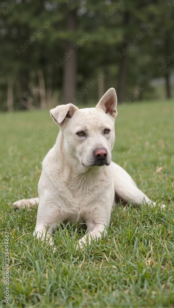 Peaceful dog resting on lush green grass Peaceful dog resting on lush green grass