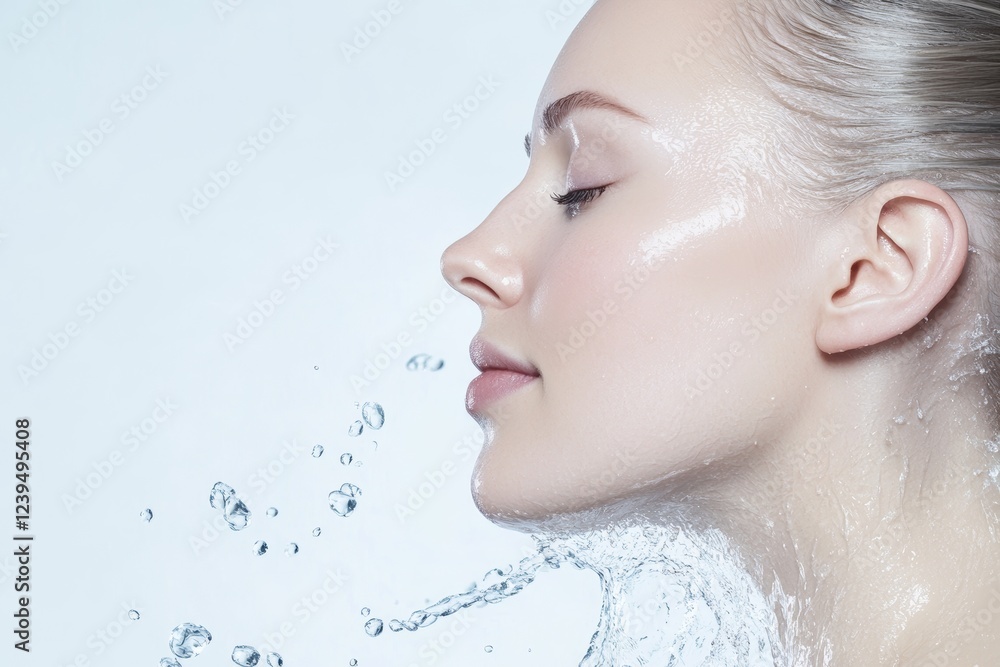 Woman is standing in a shower with water spraying her face Woman is standing in a shower with water spraying her face