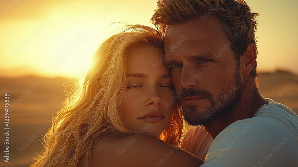 Golden Hour Couple Embracing Affectionately in Desert Sunset Golden Hour Couple Embracing Affectionately in Desert Sunset