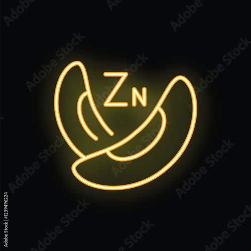 Neon icon of cashew nuts is glowing, with the chemical symbol for zinc, zn, prominently displayed