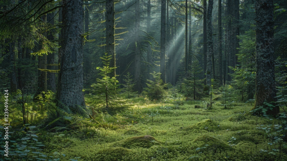 Obraz premium Sunbeams piercing through a dense forest, illuminating a carpet of moss and fallen leaves, creating a serene natural setting