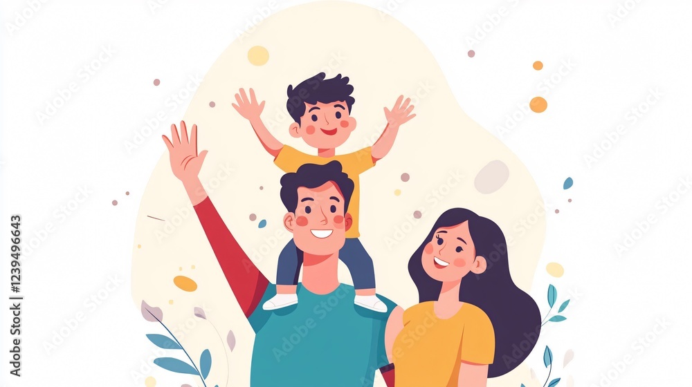 Vector Illustration of Little Son Perched on Dad's Shoulder, Bonding and Fatherhood Concept Vector Illustration of Little Son Perched on Dad's Shoulder, Bonding and Fatherhood Concept