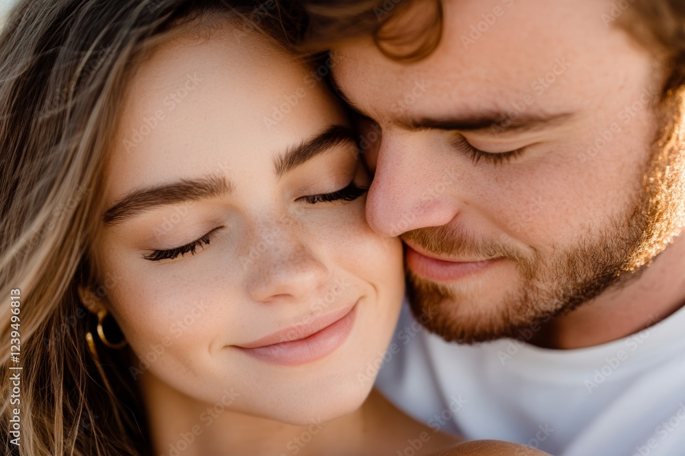 Man and woman are embracing each other, with the woman's eyes closed Man and woman are embracing each other, with the woman's eyes closed