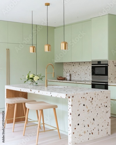 Bright contemporary kitchen, pastel mint cabinets with brushed brass details, terrazzo island with waterfall edges and LED underglow, sculptural brass