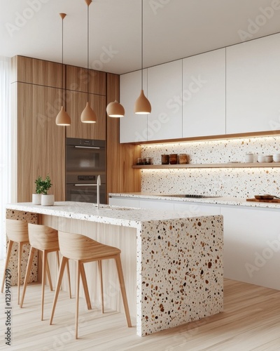 Japandi style kitchen, matte white cabinetry with oak accents, terrazzo countertop with built in LED strip lighting, sculptural pendant lights