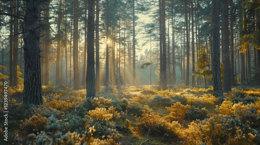 Fototapeta premium Sunbeams piercing through a dense forest, illuminating a carpet of moss and fallen leaves, creating a serene natural setting