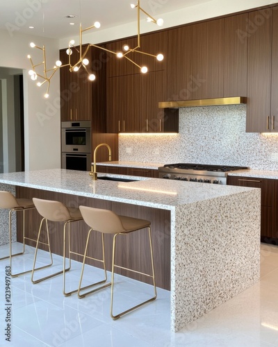 Ultra modern kitchen, dark walnut cabinets with terrazzo backsplash, floating island with built in LED strip lighting, brushed gold fixtures