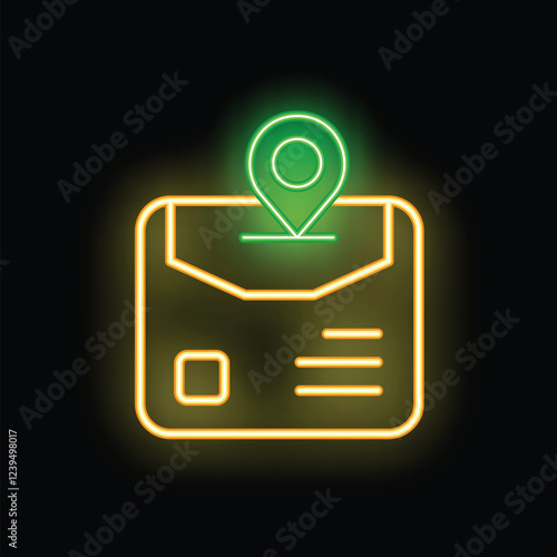 Neon green location pin icon glowing above yellow envelope icon on black background illustrating concept of mail delivery tracking