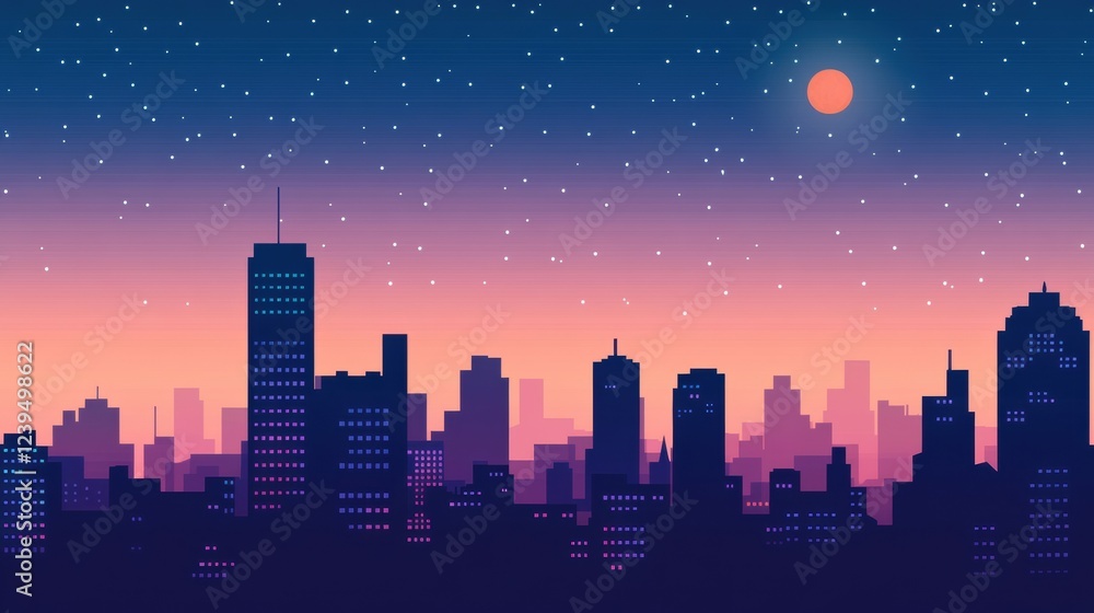 City skyline at dusk with a colorful sunset and visible stars in the night sky. Generative AI City skyline at dusk with a colorful sunset and visible stars in the night sky. Generative AI