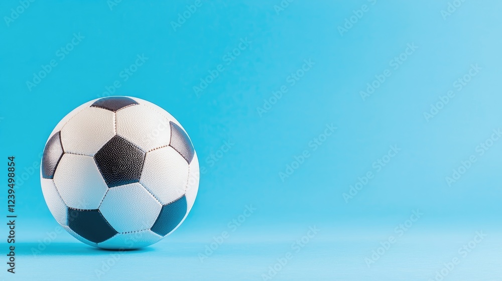 Fototapeta premium Soccer ball on blue background, copy space
