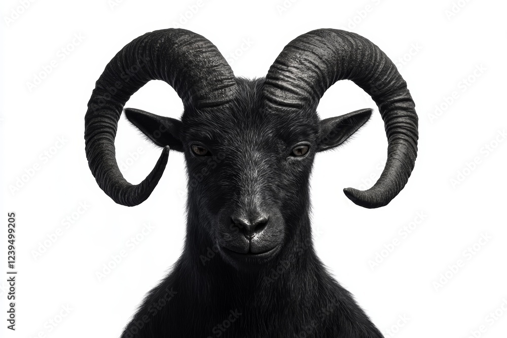 Black ram with horns is staring at the camera, the concept of a demon or devil Black ram with horns is staring at the camera, the concept of a demon or devil