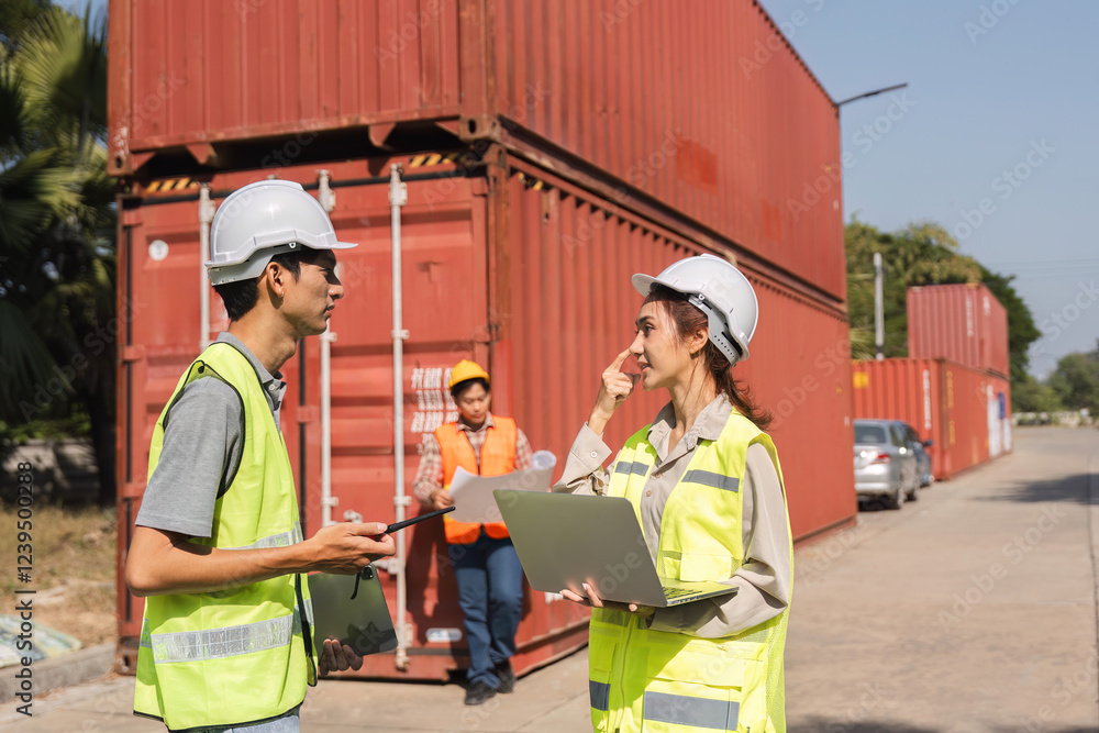 Engineers reviewing project details amidst shipping containers collaboration on logistics and planning Engineers reviewing project details amidst shipping containers collaboration on logistics and planning