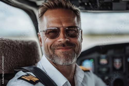 Experienced pilot smiling in cockpit during flight preparation at a sunny airfield photo