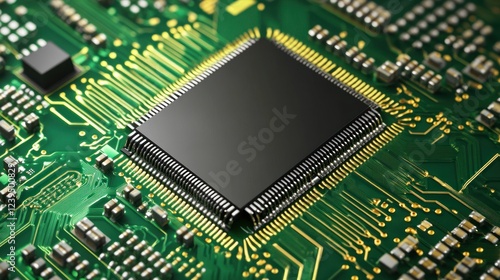 Close-up of a computer motherboard showcasing a central processing unit chip