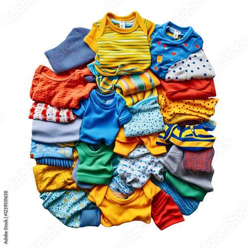 A colorful mix of baby clothes, including tiny onesies, bibs, and socks, all messily piled up, isolated on transparent background photo