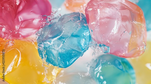 Shattered water gel balls, also known as hydrogel or polymer gel, captured in a close-up macro view with detailed texture and background. photo