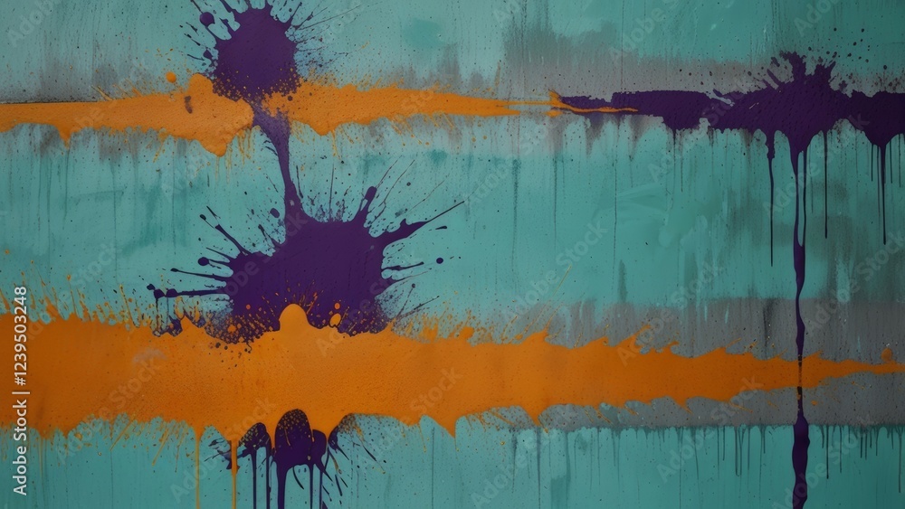 Fototapeta premium Dynamic Orange Paint Splash on Teal, Purple, and Gray Striped Background Creating Vibrant Movement