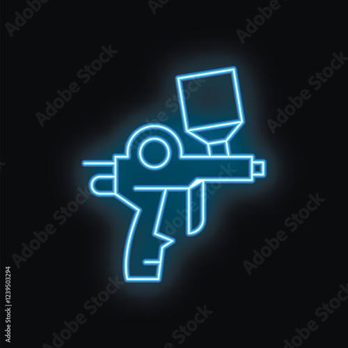 Blue neon sign of a modern electric spray gun glowing on a black background