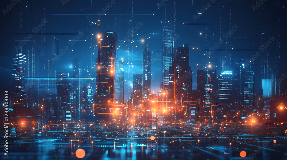 Naklejka premium Futuristic cityscape with intricate structures and a glowing atmosphere, ideal for technology and sci-fi themes. Sci-Fi Influence. Illustration