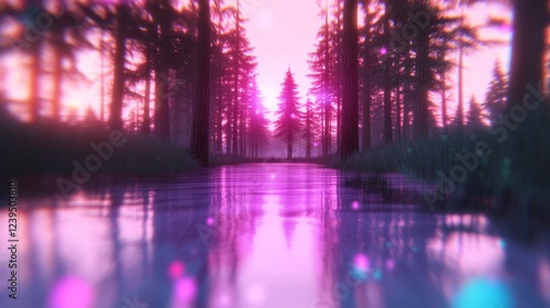 Wallpaper Mural Magical pink sunset reflecting on a calm river flowing through a serene forest. Dreamy, ethereal atmosphere. Torontodigital.ca