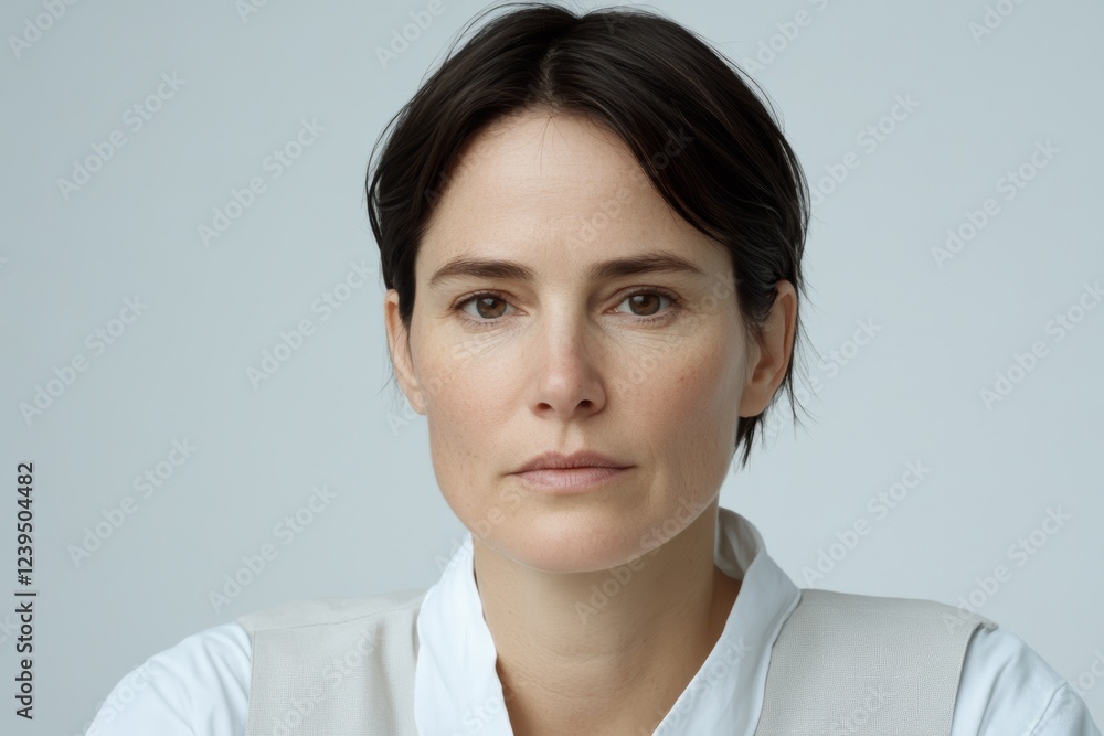 Woman with short hair and a white vest is looking at the camera Woman with short hair and a white vest is looking at the camera