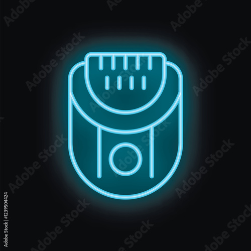 Bright blue neon icon of an electric epilator glowing on black background