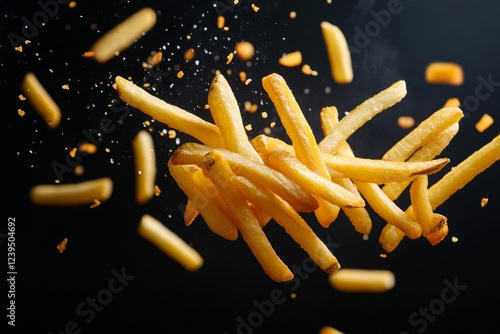 Crispy golden french fries falling against black background photo