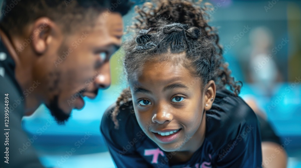 Young gymnast practicing on the floor, with coach guiding and correcting form Young gymnast practicing on the floor, with coach guiding and correcting form