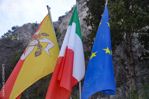 Flag of Sicily, flag of Italy and flag of the European Union
