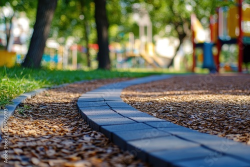 The edge of the rubber playground and sidewalk Entrance to the sports and play area Blurry view of the yard photo