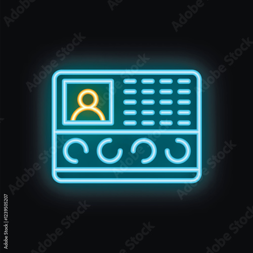 Blue and yellow neon icon of an intercom system showing a tenant calling