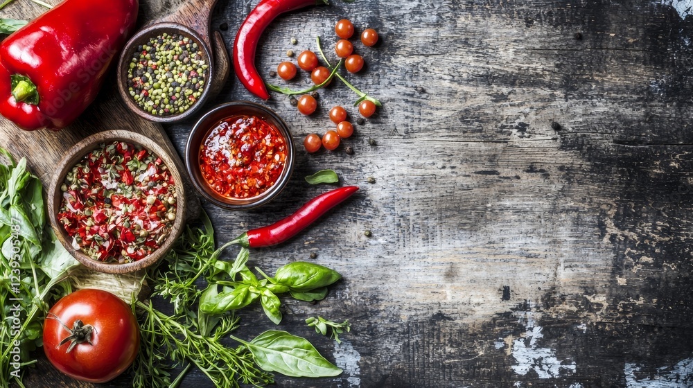 Rustic wooden table with fresh spices and ingredients Rustic wooden table with fresh spices and ingredients