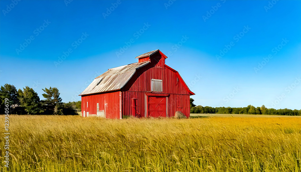 Idyllic red barn in a golden wheat field under a vibrant blue sky. Perfect for rustic, agricultural, or nostalgic projects. Evokes feelings of tranquility and rural charm. Idyllic red barn in a golden wheat field under a vibrant blue sky. Perfect for rustic, agricultural, or nostalgic projects. Evokes feelings of tranquility and rural charm.