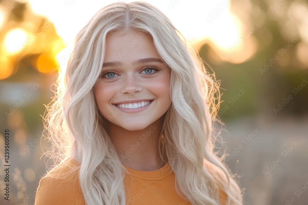 Blonde girl with blue eyes is smiling in a field Blonde girl with blue eyes is smiling in a field
