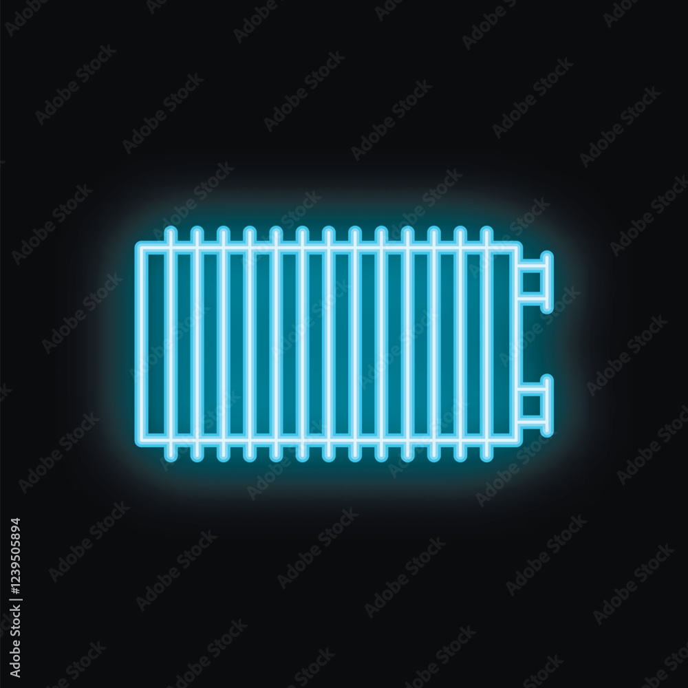 Obraz premium Blue neon icon of a heating radiator glowing on a black background, perfect for concepts such as winter, warmth, home appliances and more