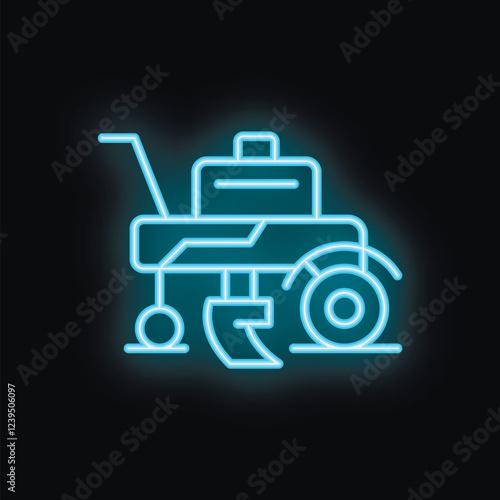 Blue neon icon of a tractor plowing soil for agriculture on a black background