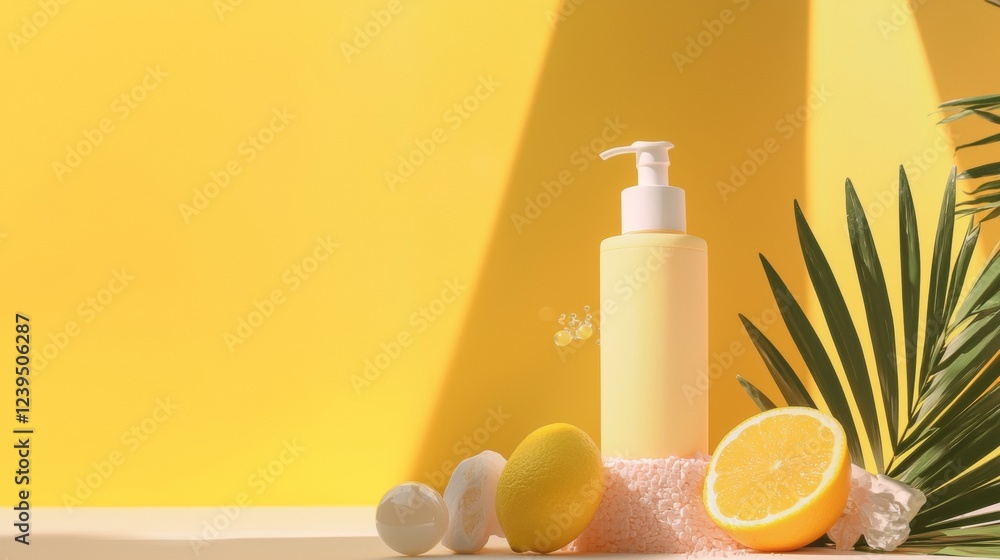 Yellow skincare product bottle with citrus and palm leaves Yellow skincare product bottle with citrus and palm leaves