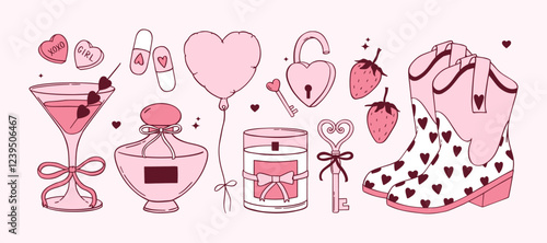 Coquette aesthetic girly stickers in hand drawn vintage style. Pink rococo doodle vector set. Cowgirl boots, bows, martini glass, Victorian key, candle, perfume, heart balloon. Happy Valentine's day