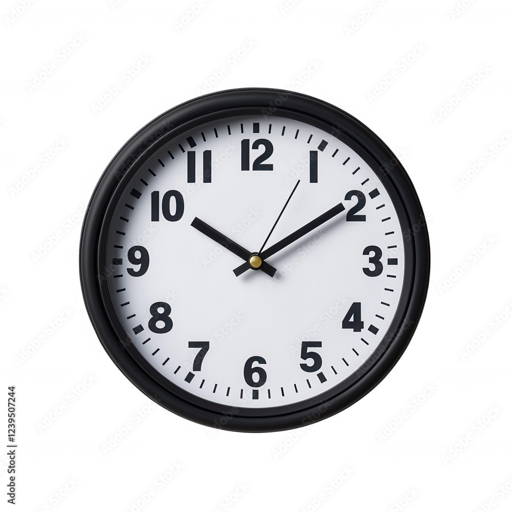 A round wall clock featuring black numbers, hour, and minute hands against a white face, Transparent Background. A round wall clock featuring black numbers, hour, and minute hands against a white face, Transparent Background.
