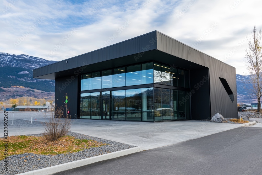 Modern black industrial building with glass facade in mountain landscape Modern black industrial building with glass facade in mountain landscape