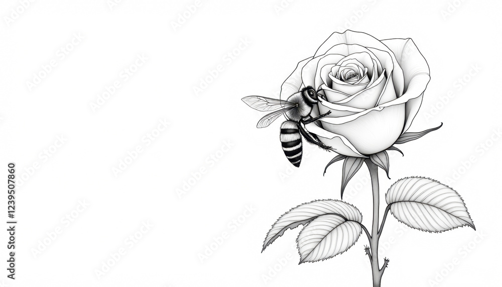 Obraz premium Delicate honeybee hovering near a blooming rose blossom with thin elegant lines on a white background, nature's beauty concept. Black and white a coloring book on white background